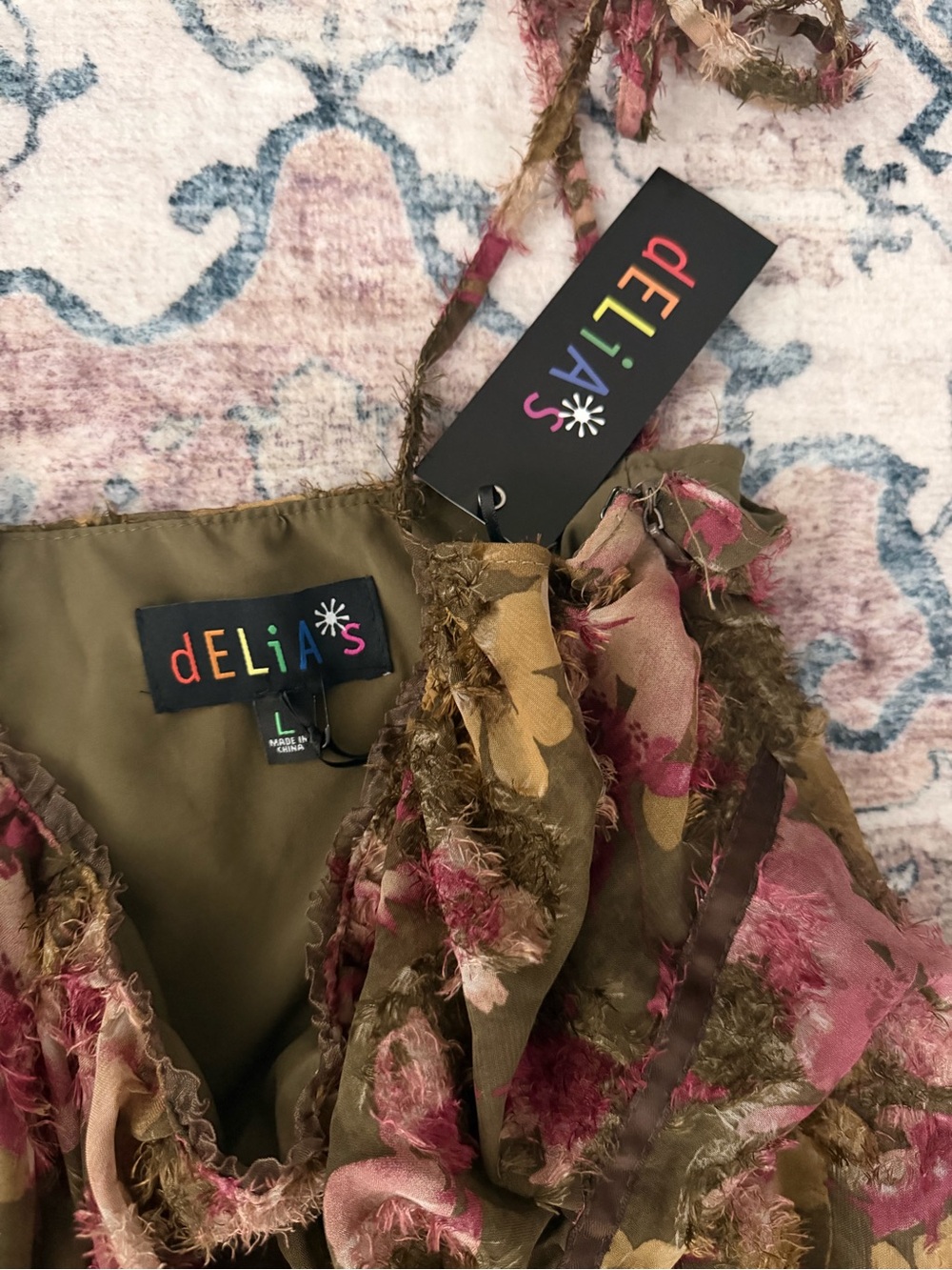 Delia’s Floral Tie-Shoulder Asymmetric Midi Dress - Olive & Pink - Picture 5 of 5